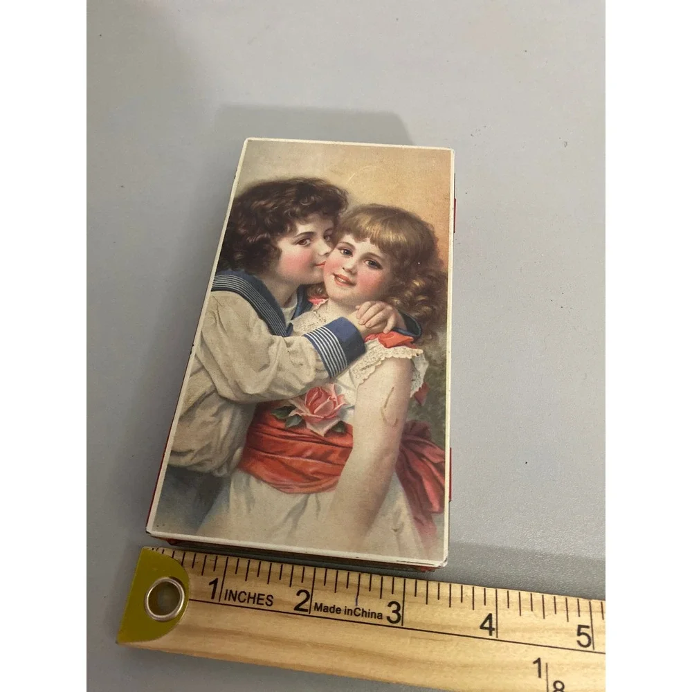 Vintage Hoffmann Swiss Made Hinged Tin Box Children Kissing Romantic Artwork Red